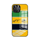 Capa de Celular Personalizada Ayrton Senna F1 para iPhone 16, 16e, 15, 14, 13, 12 Mini, 11 Pro, XS Max, XR, X, SE 2022, 8, 7 Plus – Traseira em Vidro e Bordas de Silicone Flexível