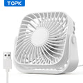 Mini Ventilador Portátil USB TOPK de 4 Polegadas para Camping – Ventilador de Mesa Silencioso com 3 Velocidades e Ajuste de 360° para Casa e Quartos