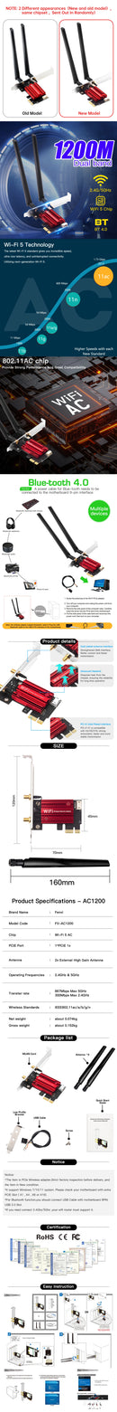 Adaptador de Rede Sem Fio FENVI WiFi 5 PCI-E AC1200 Dual Band 2,4 GHz/5 GHz 802.11ac com Bluetooth 4.0 para Desktop (Windows 7/8/10/11)