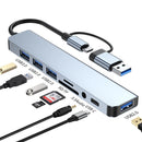 Docking Station Hub USB + Tipo-C "8 em 2" com adaptador de áudio de 3,5 mm e leitor de cartão Micro SD para notebook, tablet e smartphone