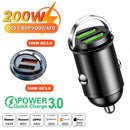 Mini Carregador Veicular 100W/200W QC3.0 PD (12-24V) – Carregamento Rápido USB Tipo-C para Xiaomi, Samsung, Huawei e iPhone
