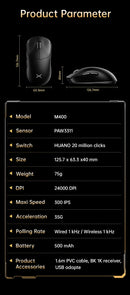 Mouse Gamer Sem Fio Delux M400, 24.000 DPI, Taxa de Polling de 1 kHz, Sensor PAW3311, Conexão Tri-modo, Bateria Recarregável de 500 mAh, Compatível com Todos os Tamanhos de Mão (PC Gamer)