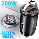 Mini Carregador Veicular 100W/200W QC3.0 PD (12-24V) – Carregamento Rápido USB Tipo-C para Xiaomi, Samsung, Huawei e iPhone