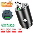 Mini Carregador Veicular 100W/200W QC3.0 PD (12-24V) – Carregamento Rápido USB Tipo-C para Xiaomi, Samsung, Huawei e iPhone
